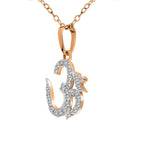 A rose gold Om pendant necklace adorned with clear pavé gemstones, suspended from a matching rose gold chain against a solid white background.