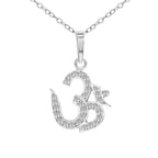 Silver pendant with 'OM' symbol on a chain against a white background