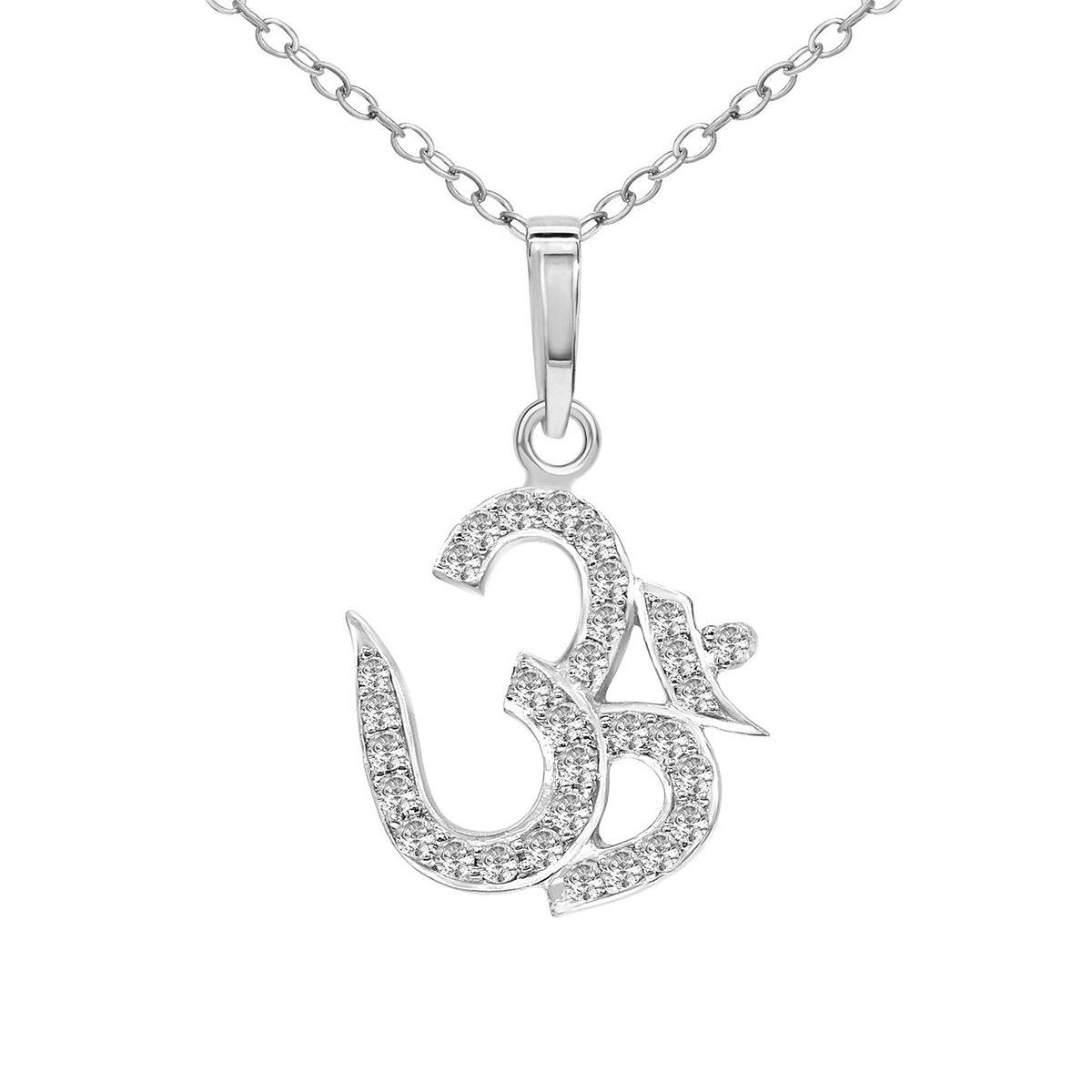 Silver pendant with 'OM' symbol on a chain against a white background