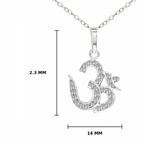 Silver Om pendant necklace on a white background with dimension lines showing 2.3 mm height and 14 mm width.