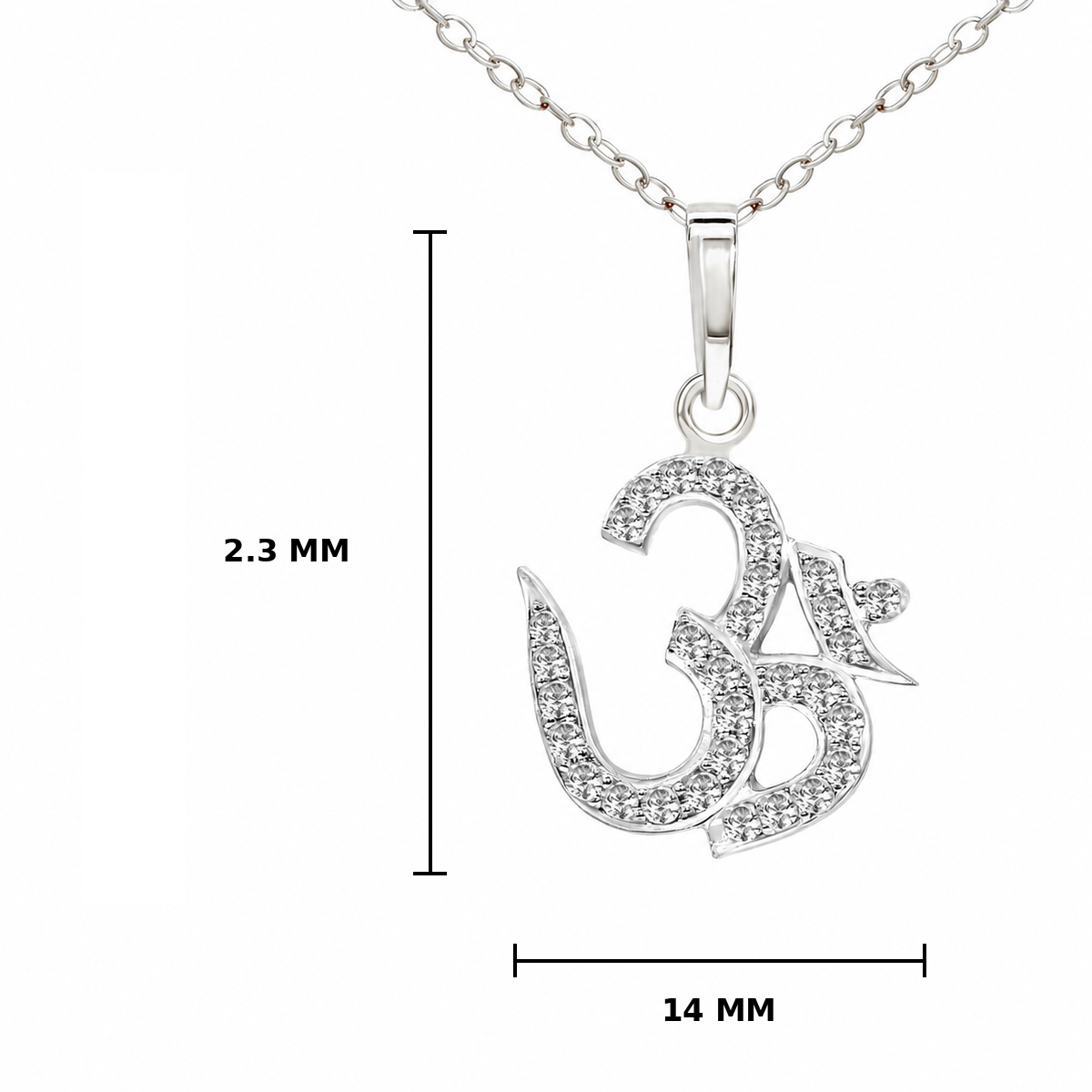 Silver Om pendant necklace on a white background with dimension lines showing 2.3 mm height and 14 mm width.