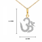 Gold and silver Om pendant necklace with dimension markings showing 2.3 mm height and 14 mm width on a white background.