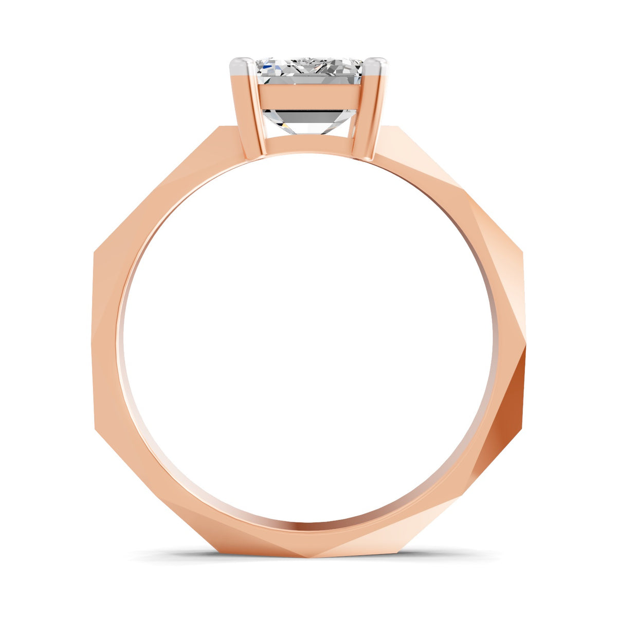 A faceted rose gold ring with a single round-cut diamond set in a high-profile octagonal band, shown against a plain white background.