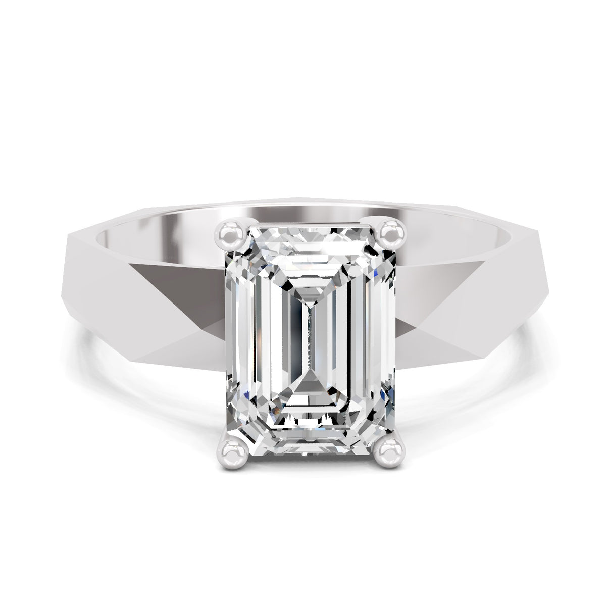 An emerald-cut diamond solitaire ring set in a polished silver-colored band, shown on a clean white background.