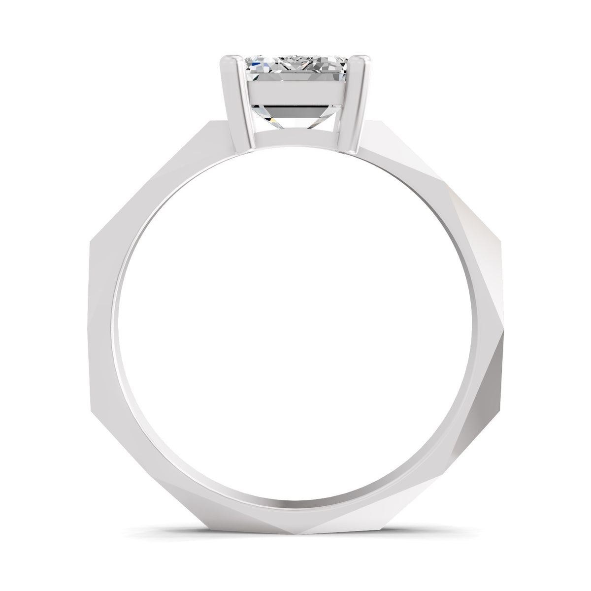A white gold or platinum solitaire ring with a single round-cut gemstone in a prong setting, shown from a top-down perspective on a white background.