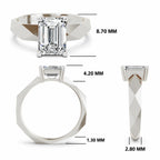 A white metal ring with a large rectangular emerald-cut diamond, shown from three angles with measurement labels: top view labeled 8.70 MM, side view labeled 4.