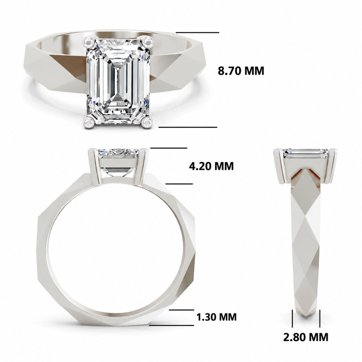 A white metal ring with a large rectangular emerald-cut diamond, shown from three angles with measurement labels: top view labeled 8.70 MM, side view labeled 4.