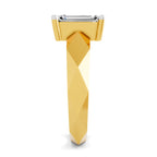 Side view of a yellow gold solitaire diamond ring featuring a geometric, tapered band and raised diamond setting.


