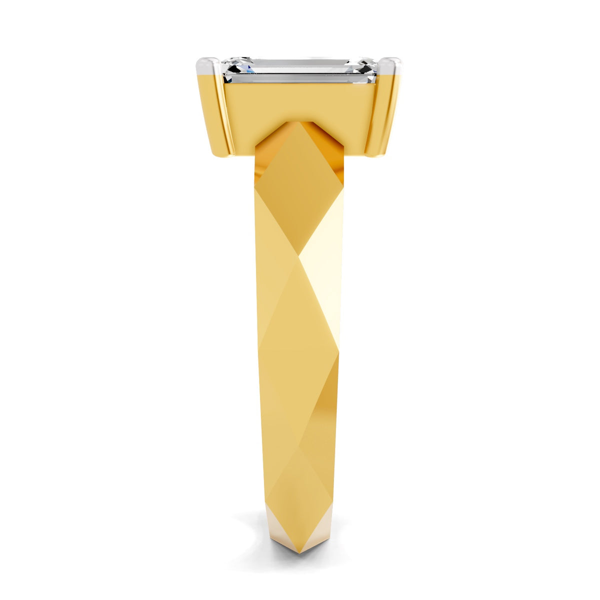 Side view of a yellow gold solitaire diamond ring featuring a geometric, tapered band and raised diamond setting.


