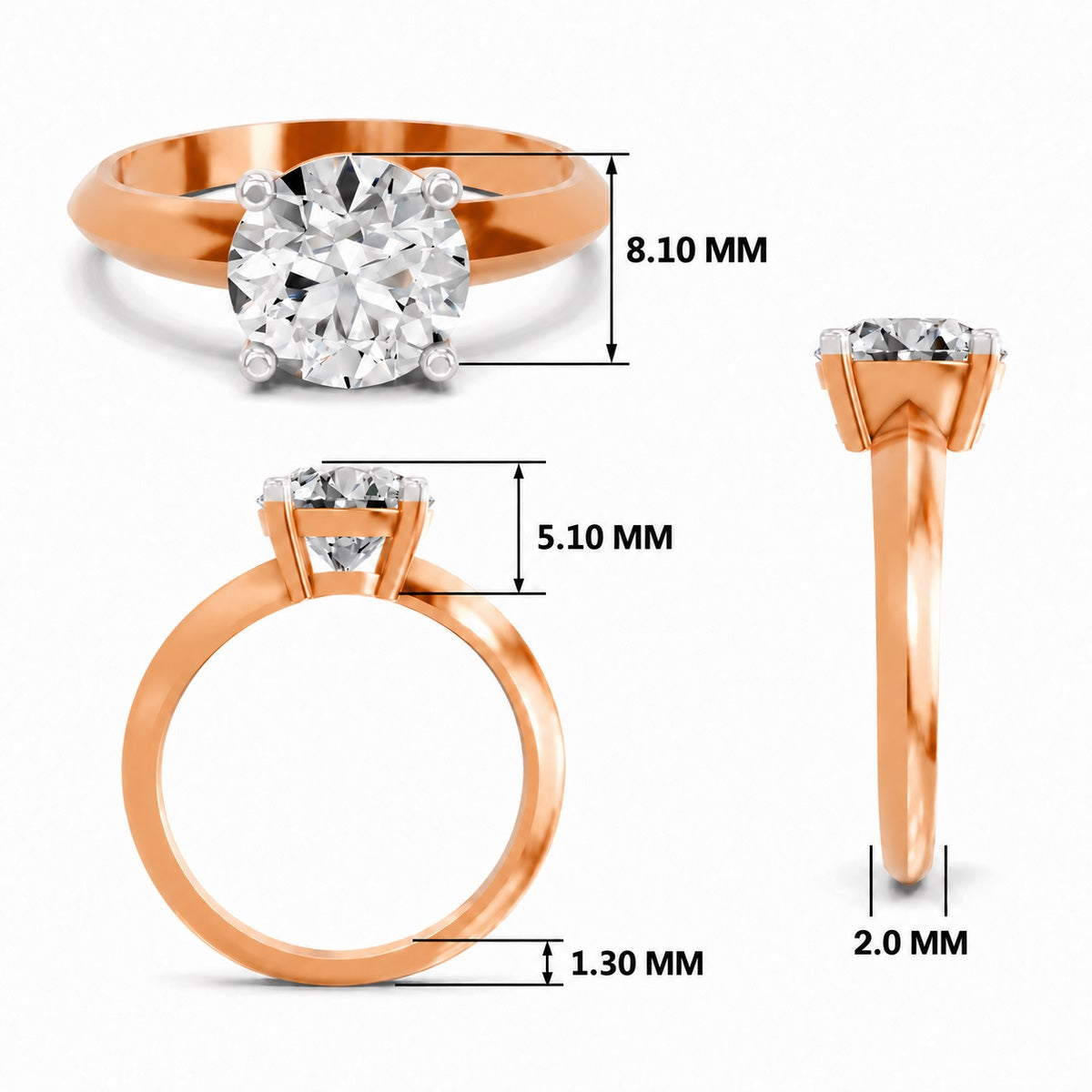 Rose gold round-cut 2.00 ct diamond solitaire engagement ring, shown with size dimensions in millimeters