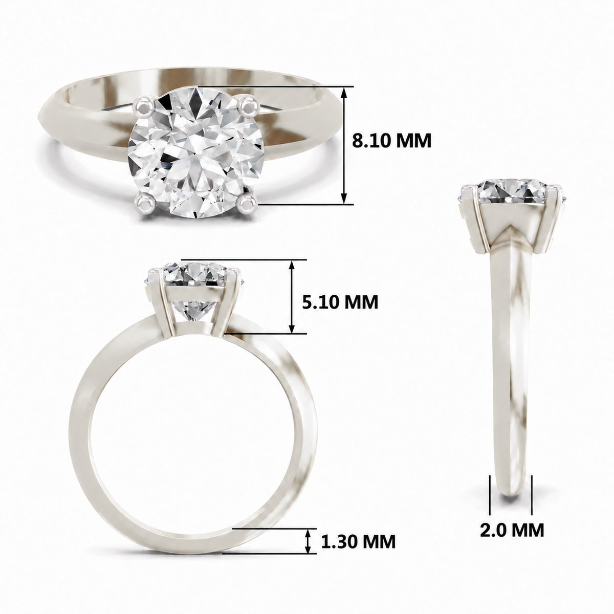 White gold round-cut 2.00 ct diamond solitaire engagement ring, shown with size dimensions in millimeters