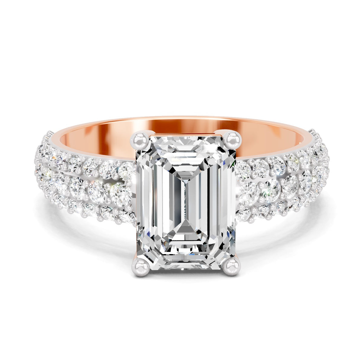 Top view of a rose gold emerald-cut 2.00 ct diamond engagement ring with a pavé diamond band