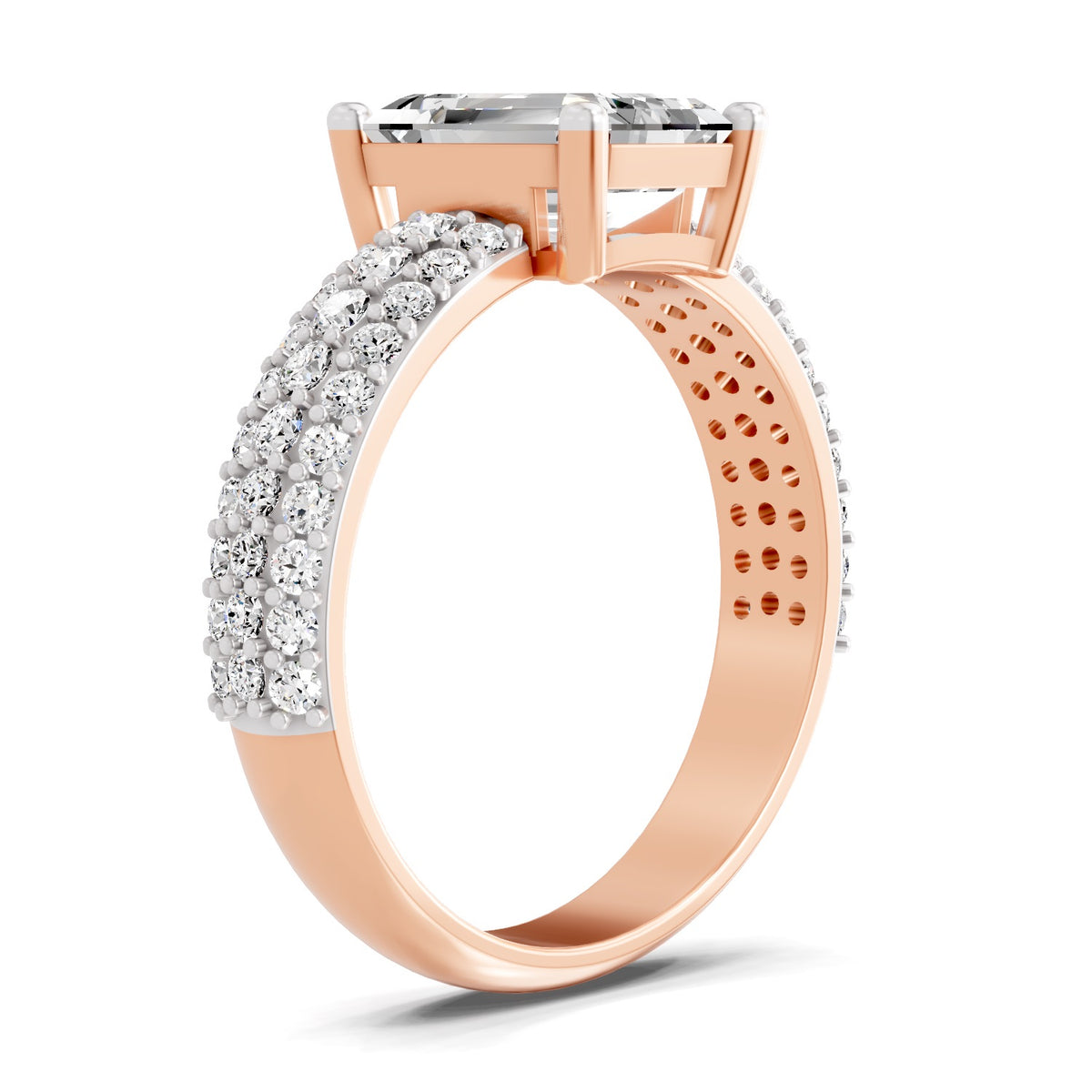 Angled view of a rose gold emerald-cut 2.00 ct diamond engagement ring with a pavé diamond band