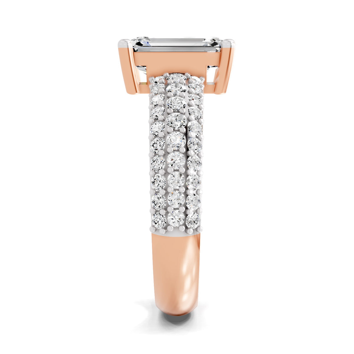 Side view of a rose gold emerald-cut 2.00 ct diamond engagement ring with a pavé diamond band