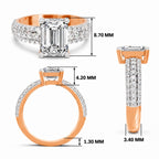 Rose gold emerald-cut 2.00 ct diamond engagement ring with a pavé diamond band, shown with size dimensions in millimeters