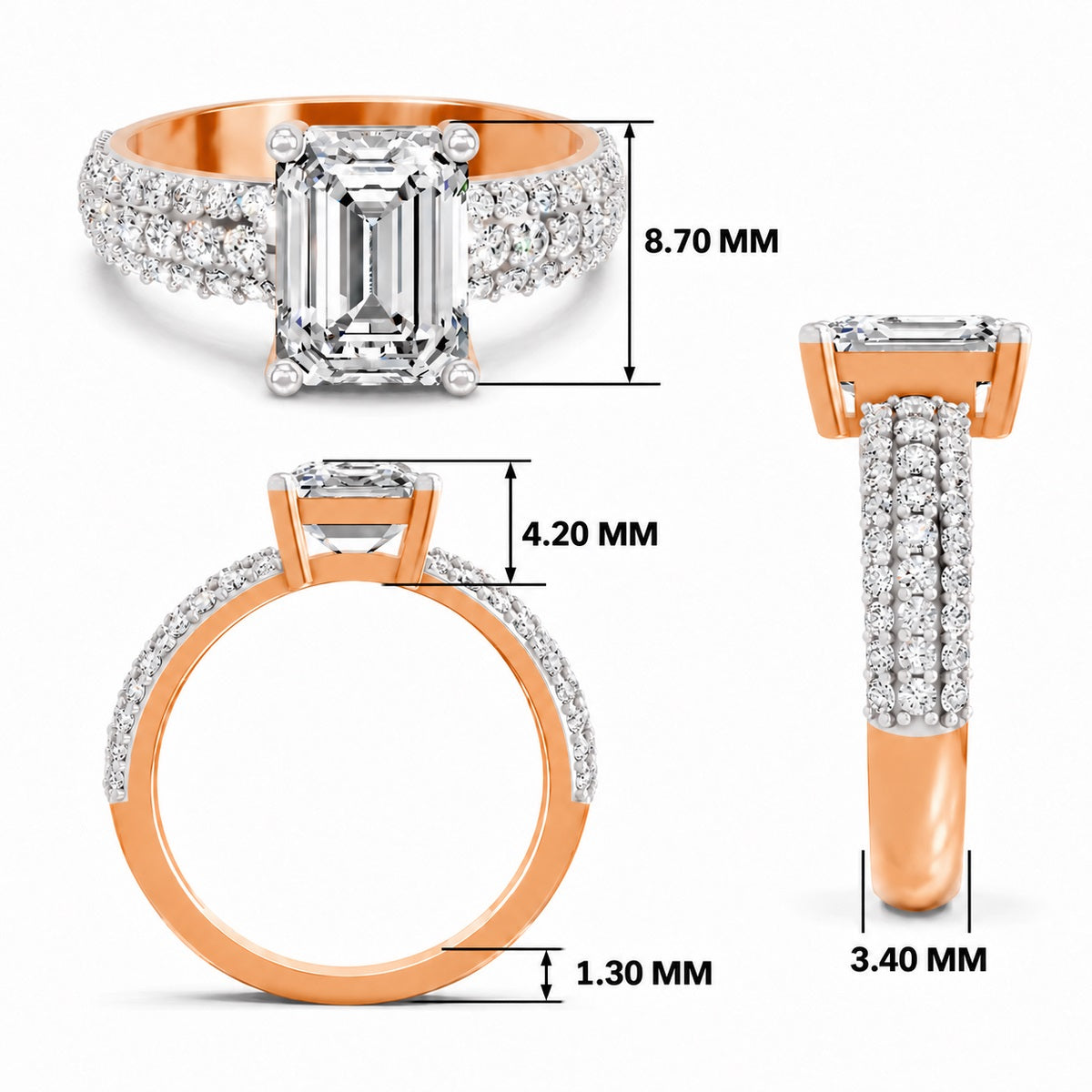 Rose gold emerald-cut 2.00 ct diamond engagement ring with a pavé diamond band, shown with size dimensions in millimeters