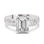 Top view of a white gold emerald-cut 2.00 ct diamond engagement ring with a pavé diamond band
