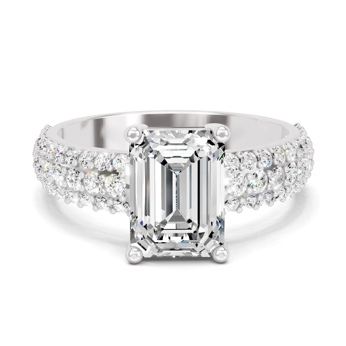 Top view of a white gold emerald-cut 2.00 ct diamond engagement ring with a pavé diamond band