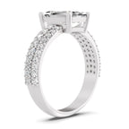 Angled view of a white gold emerald-cut 2.00 ct diamond engagement ring with a pavé diamond band