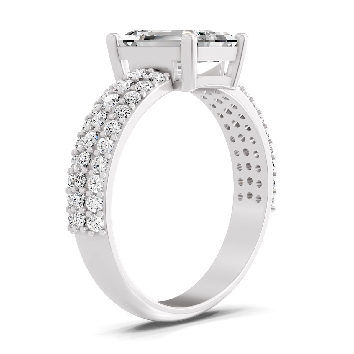 Angled view of a white gold emerald-cut 2.00 ct diamond engagement ring with a pavé diamond band