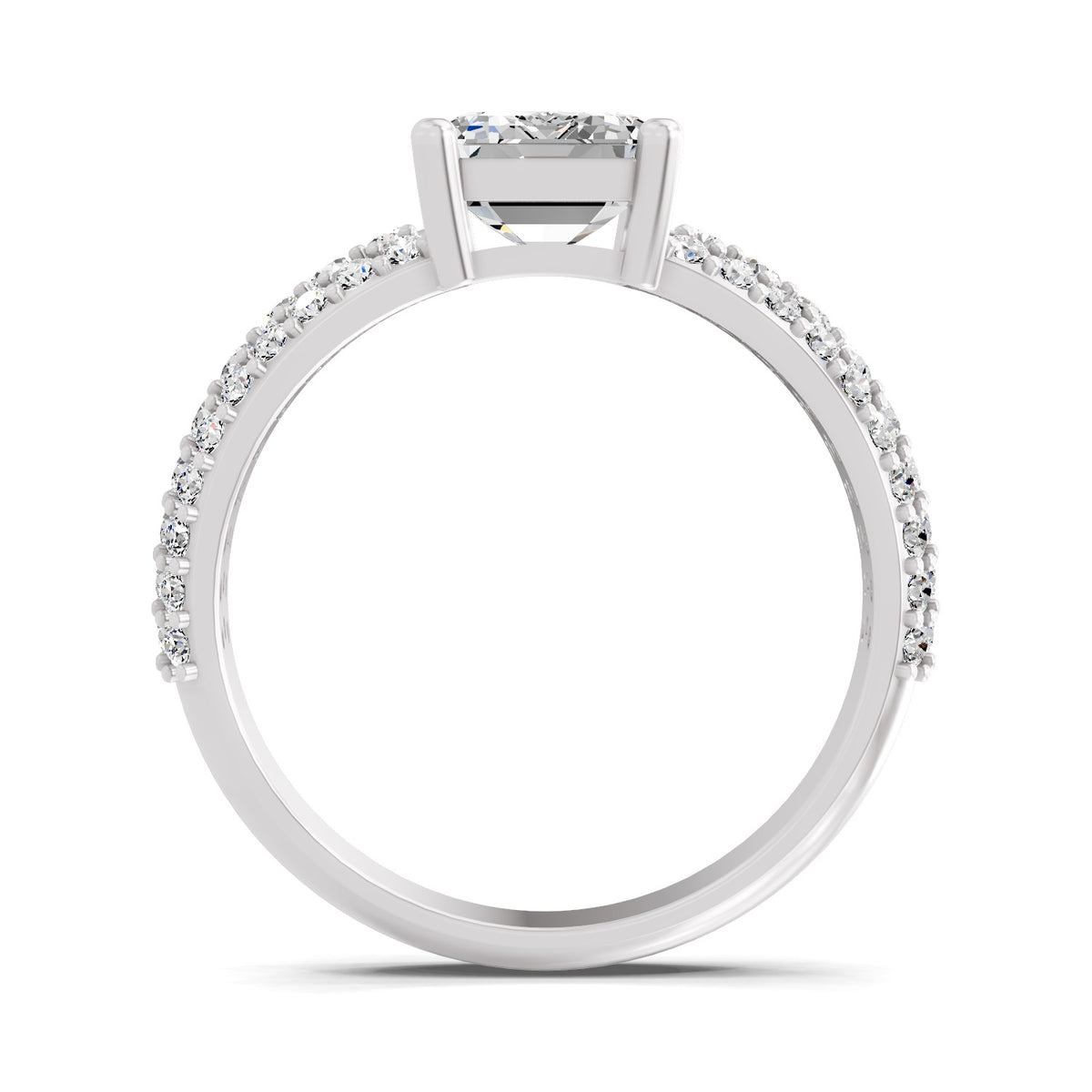 Front view of a white gold emerald-cut 2.00 ct diamond engagement ring with a pavé diamond band