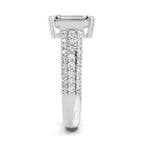 Side view of a white gold emerald-cut 2.00 ct diamond engagement ring with a pavé diamond band
