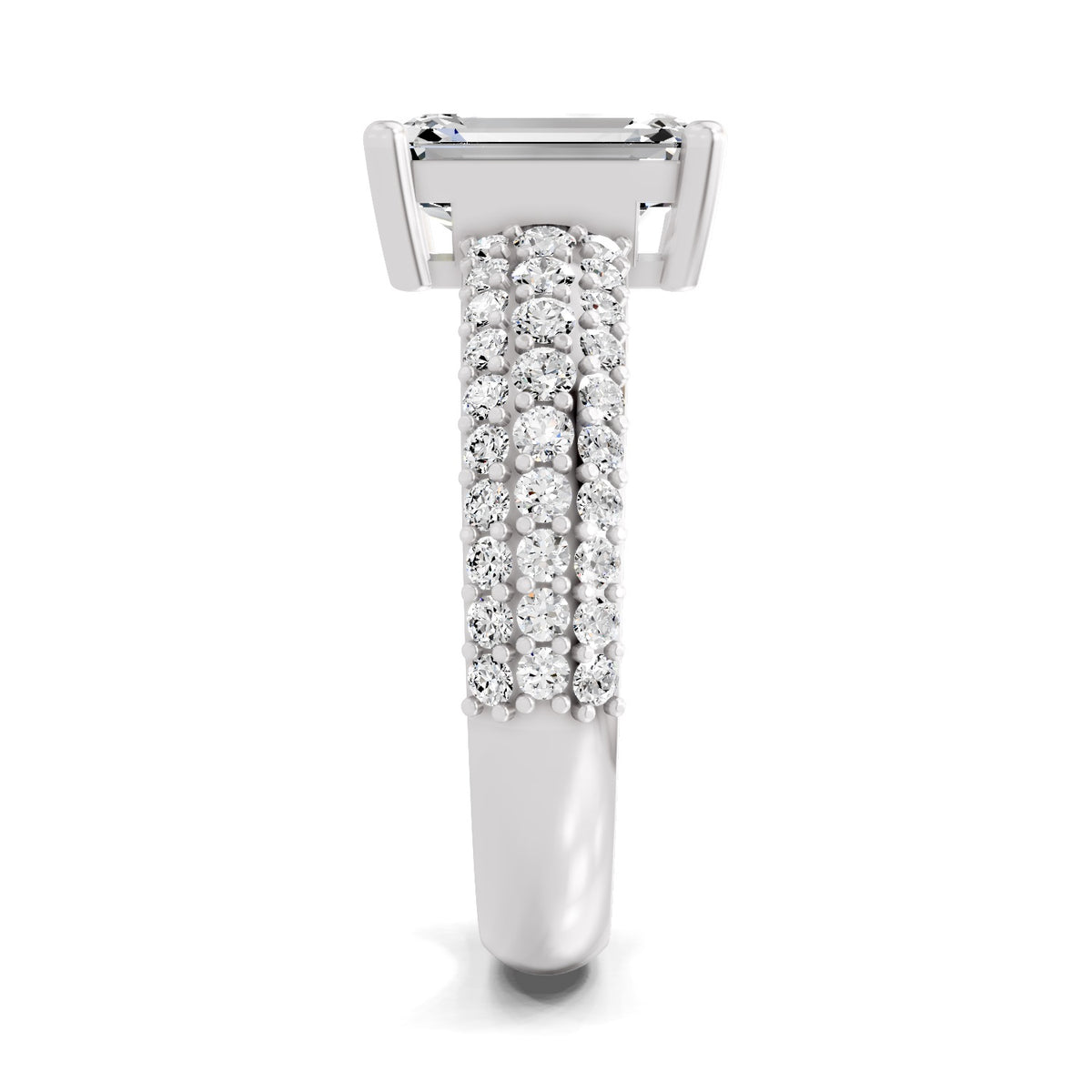 Side view of a white gold emerald-cut 2.00 ct diamond engagement ring with a pavé diamond band