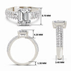 White gold emerald-cut 2.00 ct diamond engagement ring with a pavé diamond band, shown with size dimensions in millimeters