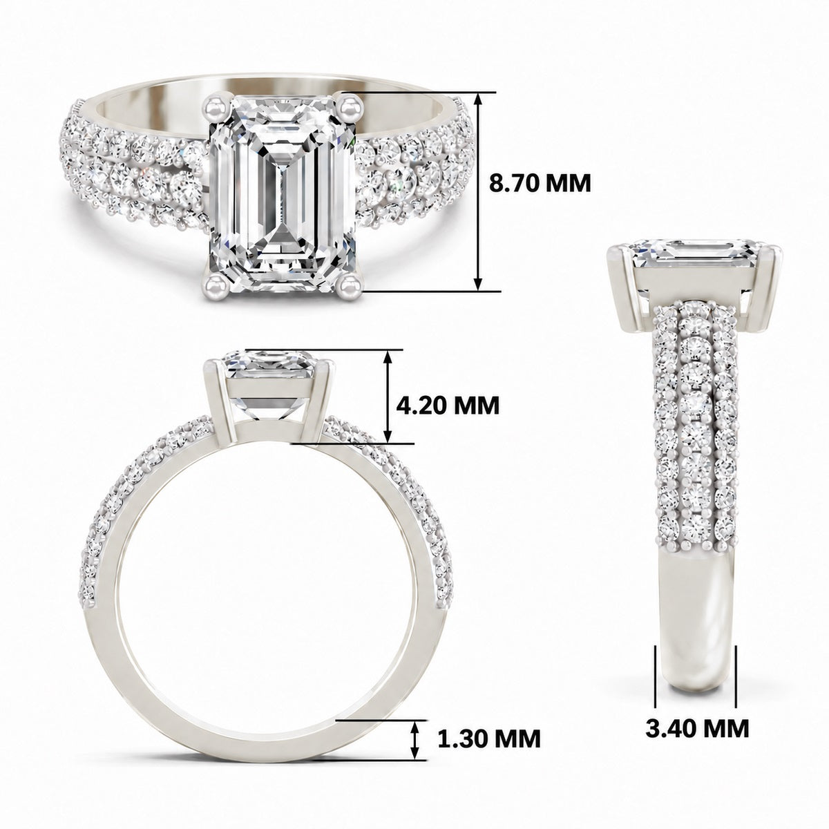 White gold emerald-cut 2.00 ct diamond engagement ring with a pavé diamond band, shown with size dimensions in millimeters