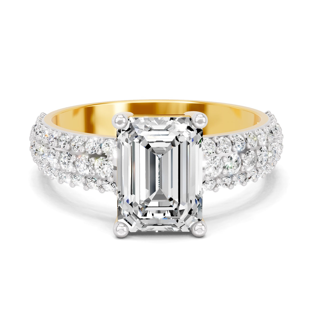 Top view of a yellow gold emerald-cut 2.00 ct diamond engagement ring with a pavé diamond band