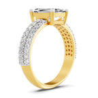 Angled view of a yellow gold emerald-cut 2.00 ct diamond engagement ring with a pavé diamond band