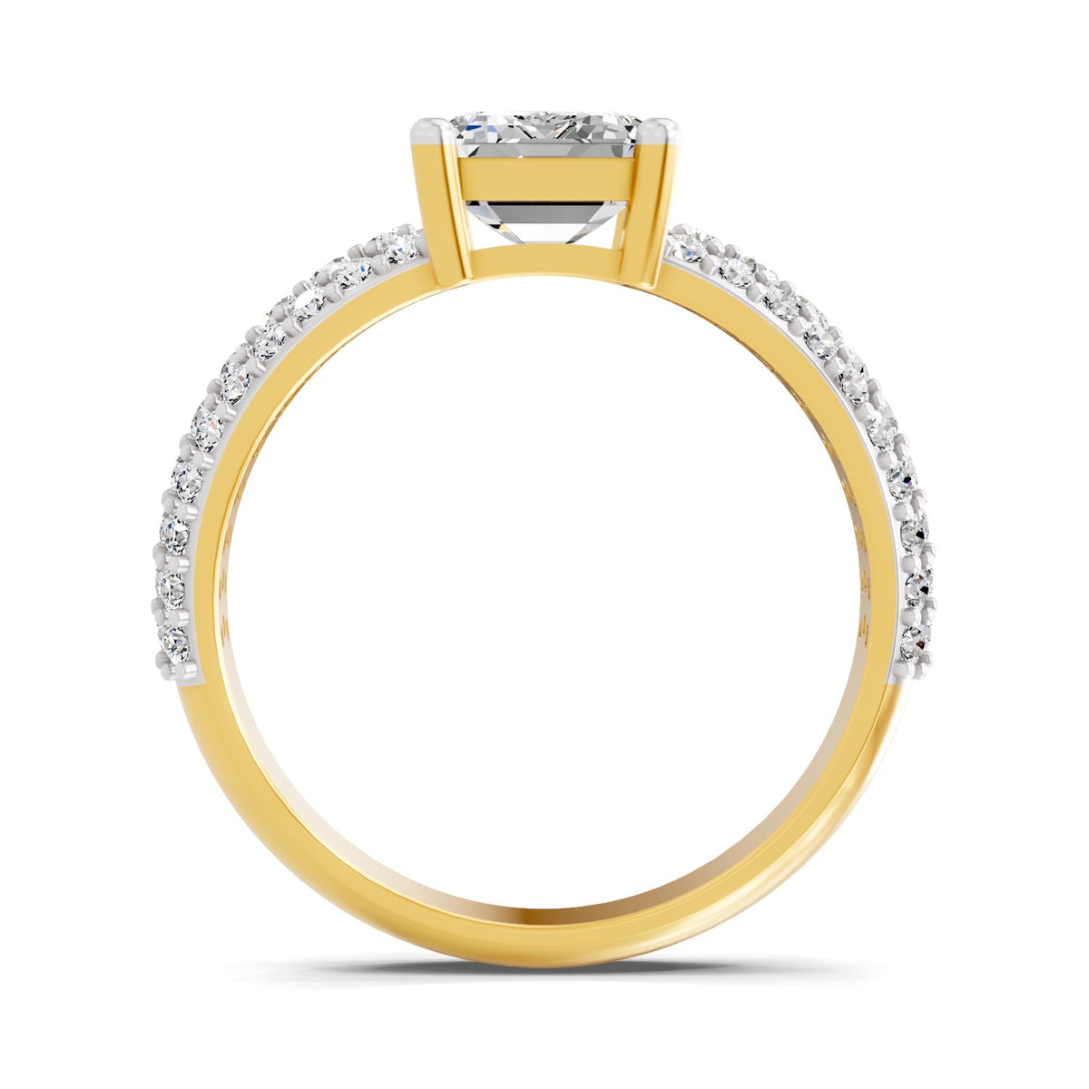 Front view of a yellow gold emerald-cut 2.00 ct diamond engagement ring with a pavé diamond band