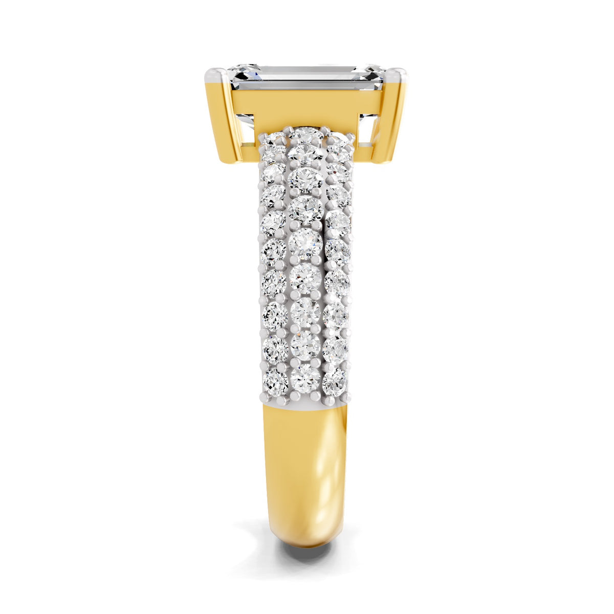 Side view of a yellow gold emerald-cut 2.00 ct diamond engagement ring with a pavé diamond band