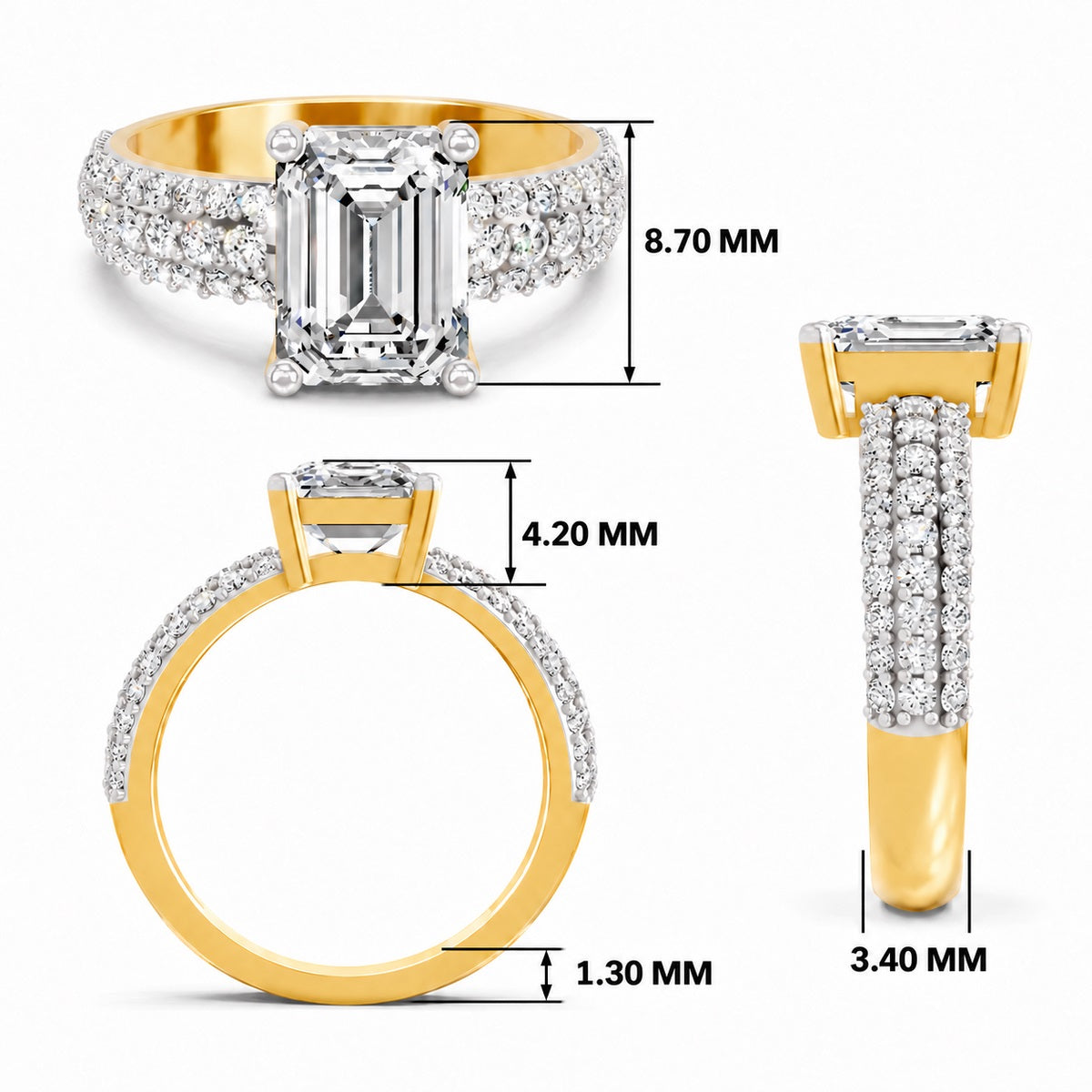 Yellow gold emerald-cut 2.00 ct diamond engagement ring with a pavé diamond band, shown with size dimensions in millimeters