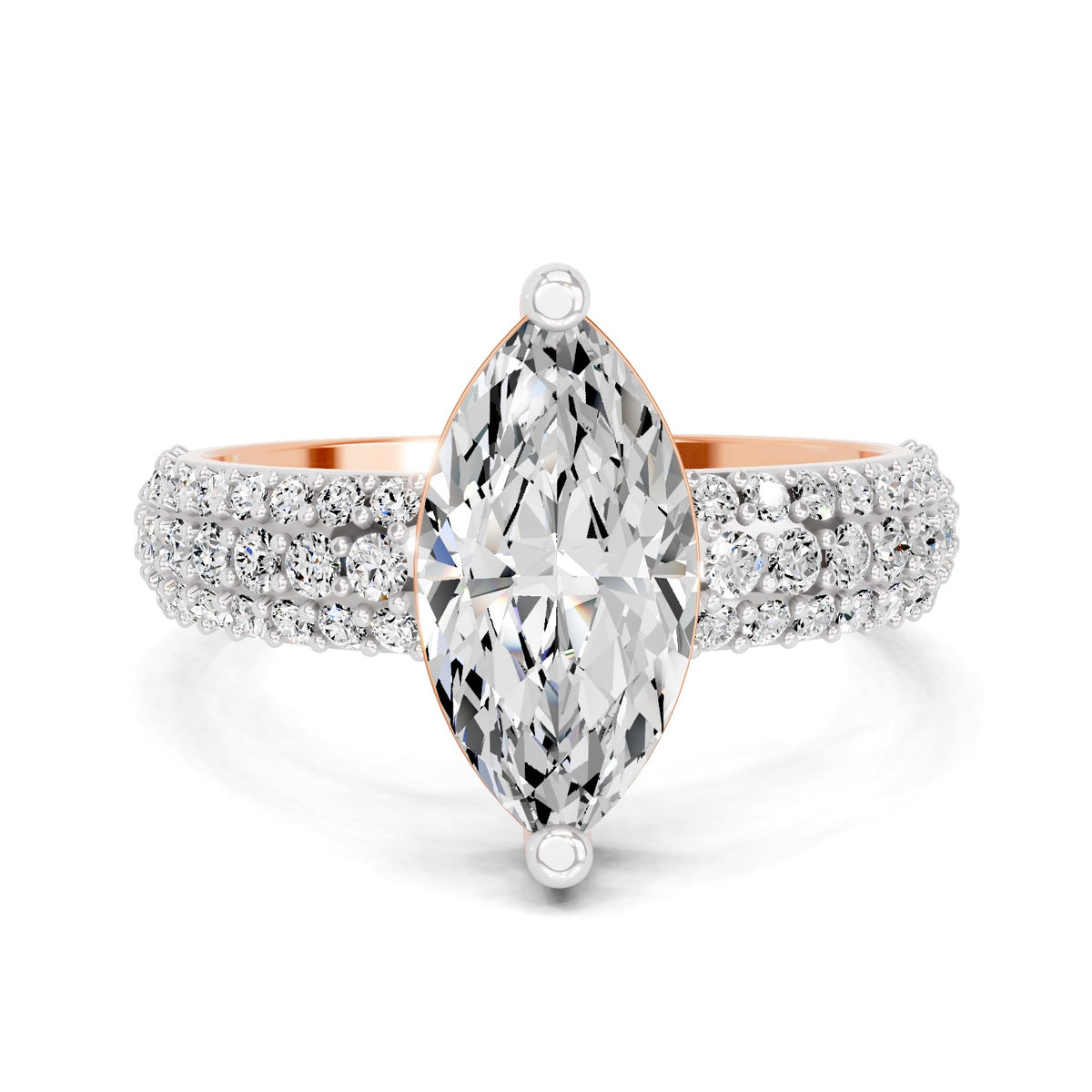 Top view of a rose gold marquise-cut 2.00 ct diamond engagement ring with a pavé diamond band
