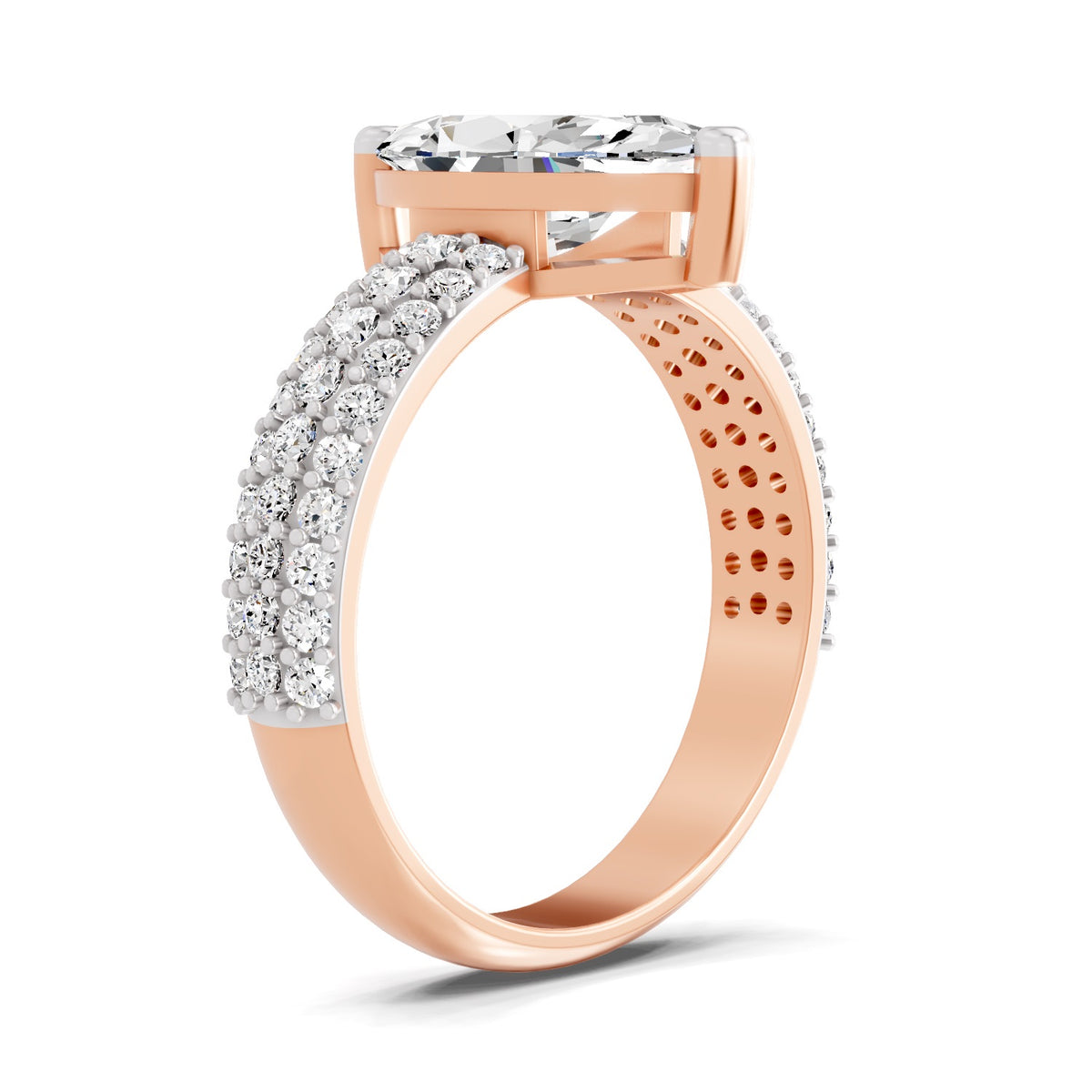 Angled view of a rose gold marquise-cut 2.00 ct diamond engagement ring with a pavé diamond band
