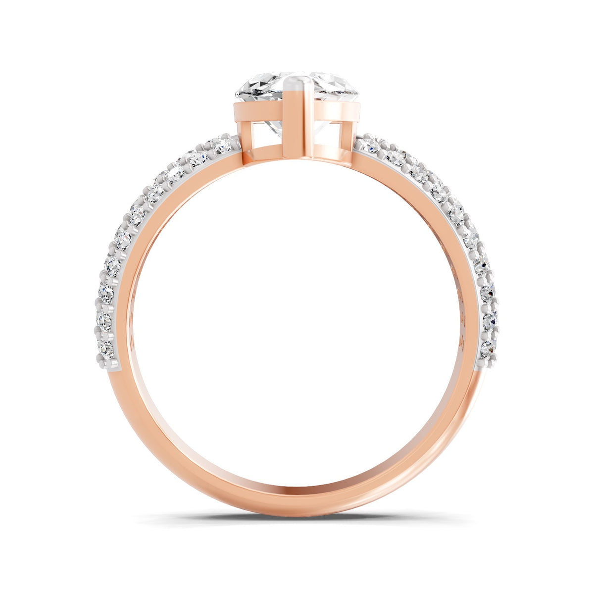 Front view of a rose gold marquise-cut 2.00 ct diamond engagement ring with a pavé diamond band
