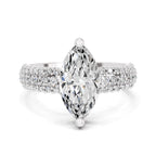 Top view of a white gold marquise-cut 2.00 ct diamond engagement ring with a pavé diamond band
