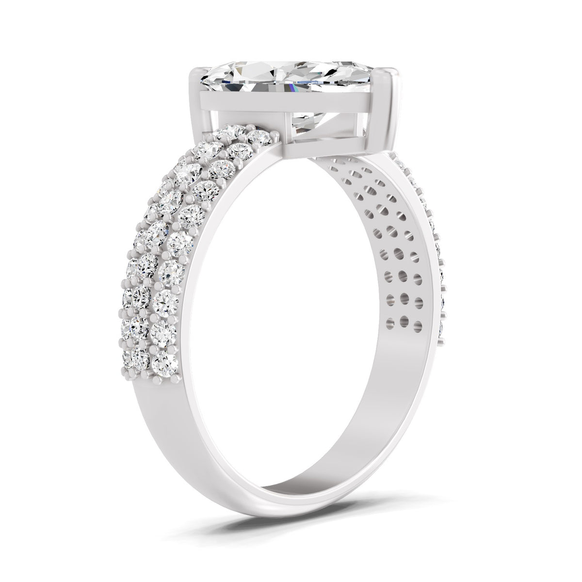 Angled view of a white gold marquise-cut 2.00 ct diamond engagement ring with a pavé diamond band