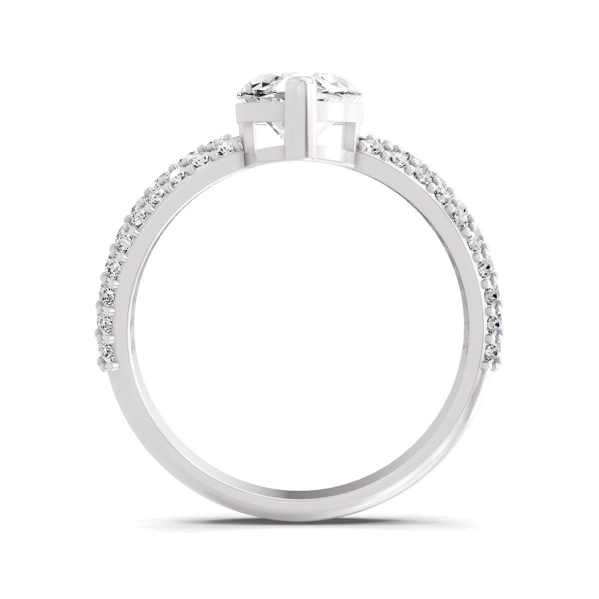 Front view of a white gold marquise-cut 2.00 ct diamond engagement ring with a pavé diamond band