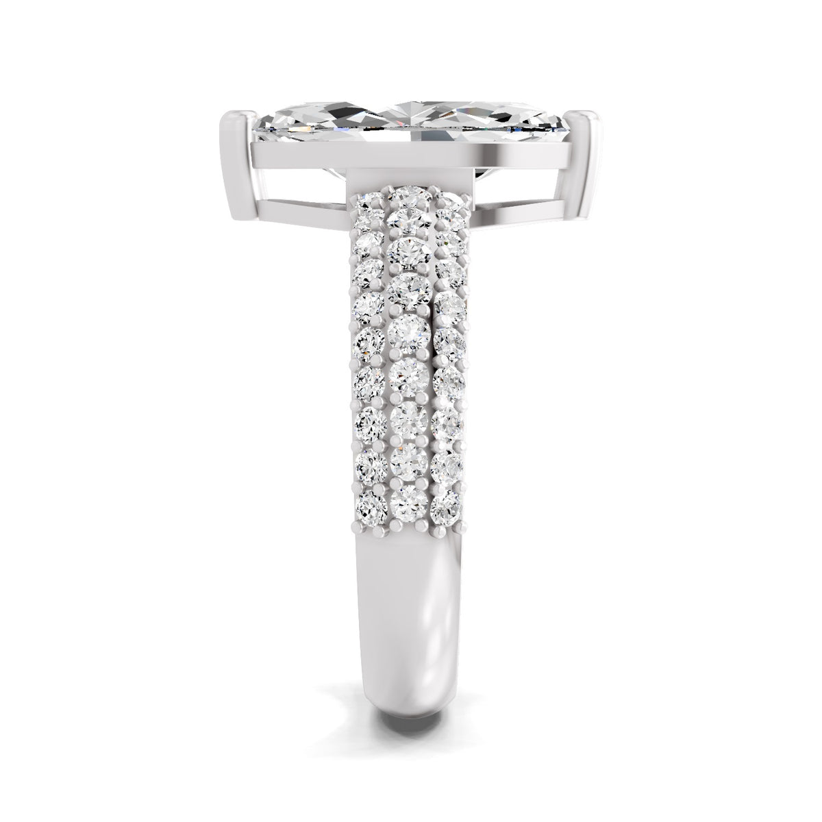 Side view of a white gold marquise-cut 2.00 ct diamond engagement ring with a pavé diamond band