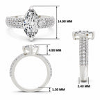 White gold marquise-cut 2.00 ct diamond engagement ring with a pavé diamond band, shown with size dimensions in millimeters