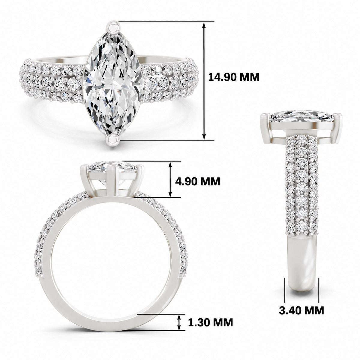 White gold marquise-cut 2.00 ct diamond engagement ring with a pavé diamond band, shown with size dimensions in millimeters