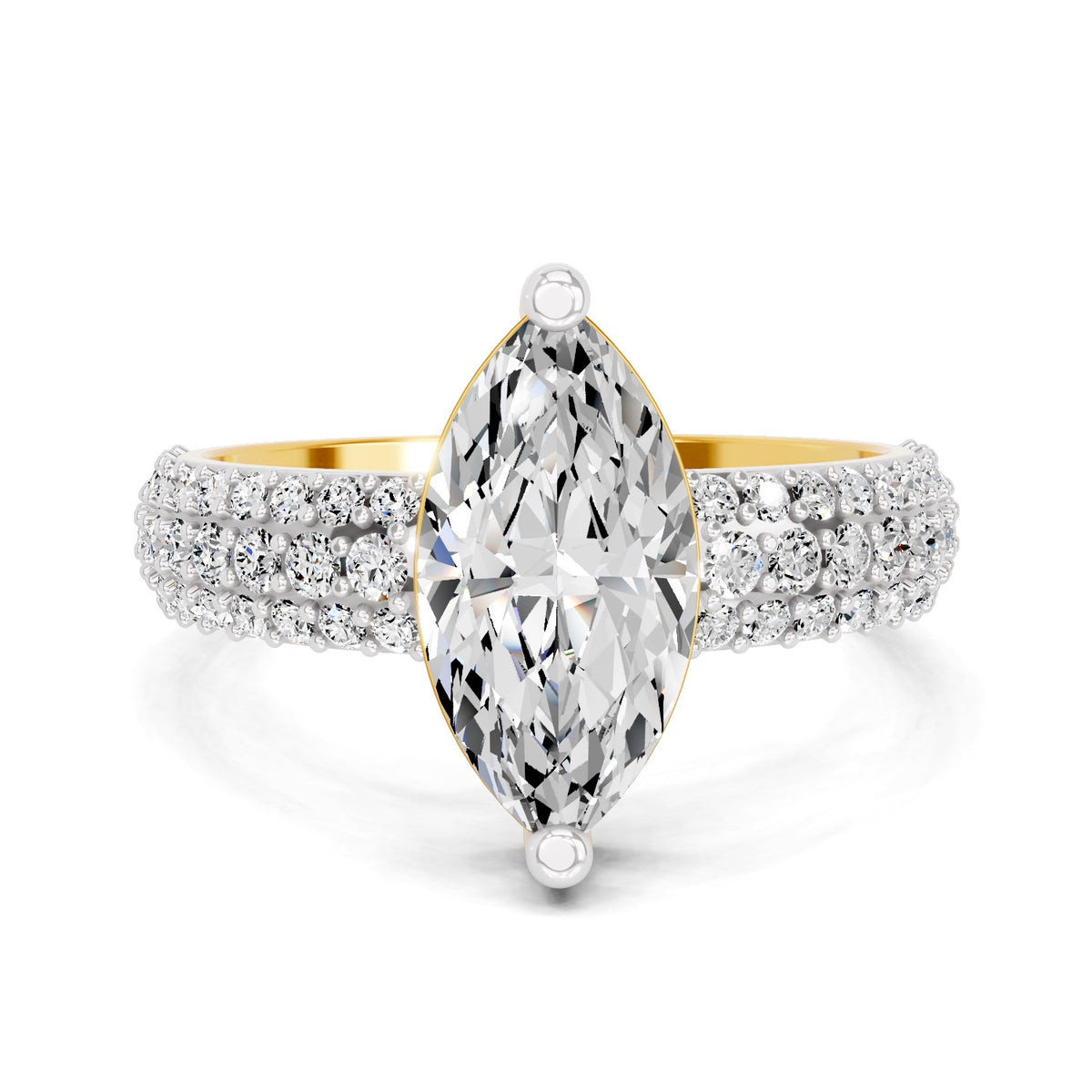 Top view of a yellow gold marquise-cut 2.00 ct diamond engagement ring with a pavé diamond band