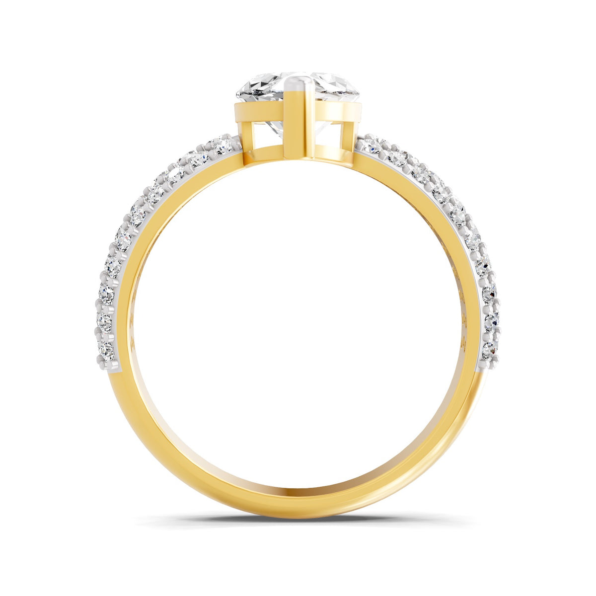 Front view of a yellow gold marquise-cut 2.00 ct diamond engagement ring with a pavé diamond band
