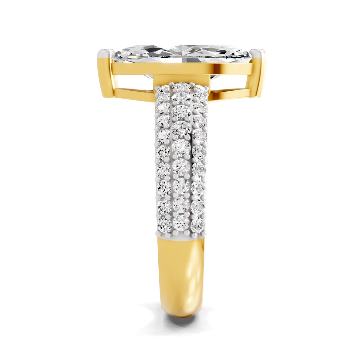 Side view of a yellow gold marquise-cut 2.00 ct diamond engagement ring with a pavé diamond band