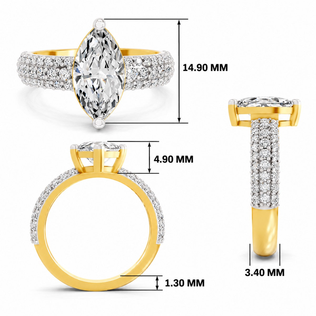 Yellow gold marquise-cut 2.00 ct diamond engagement ring with a pavé diamond band, shown with size dimensions in millimeters