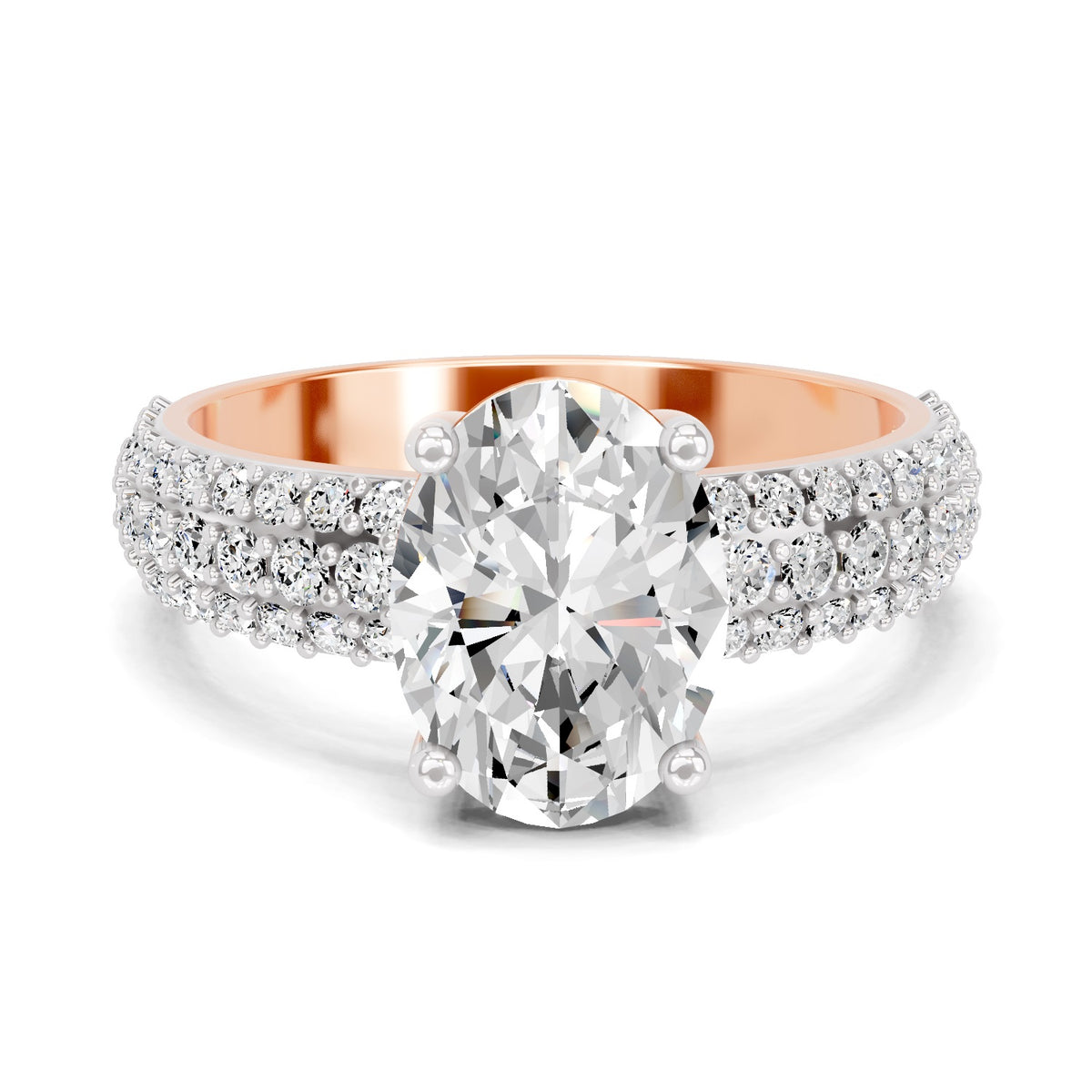 Angled view of a rose gold oval-cut 2.00 ct diamond engagement ring with a pavé diamond band