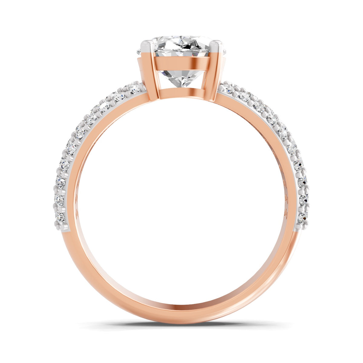 Front view of a rose gold oval-cut 2.00 ct diamond engagement ring with a pavé diamond band