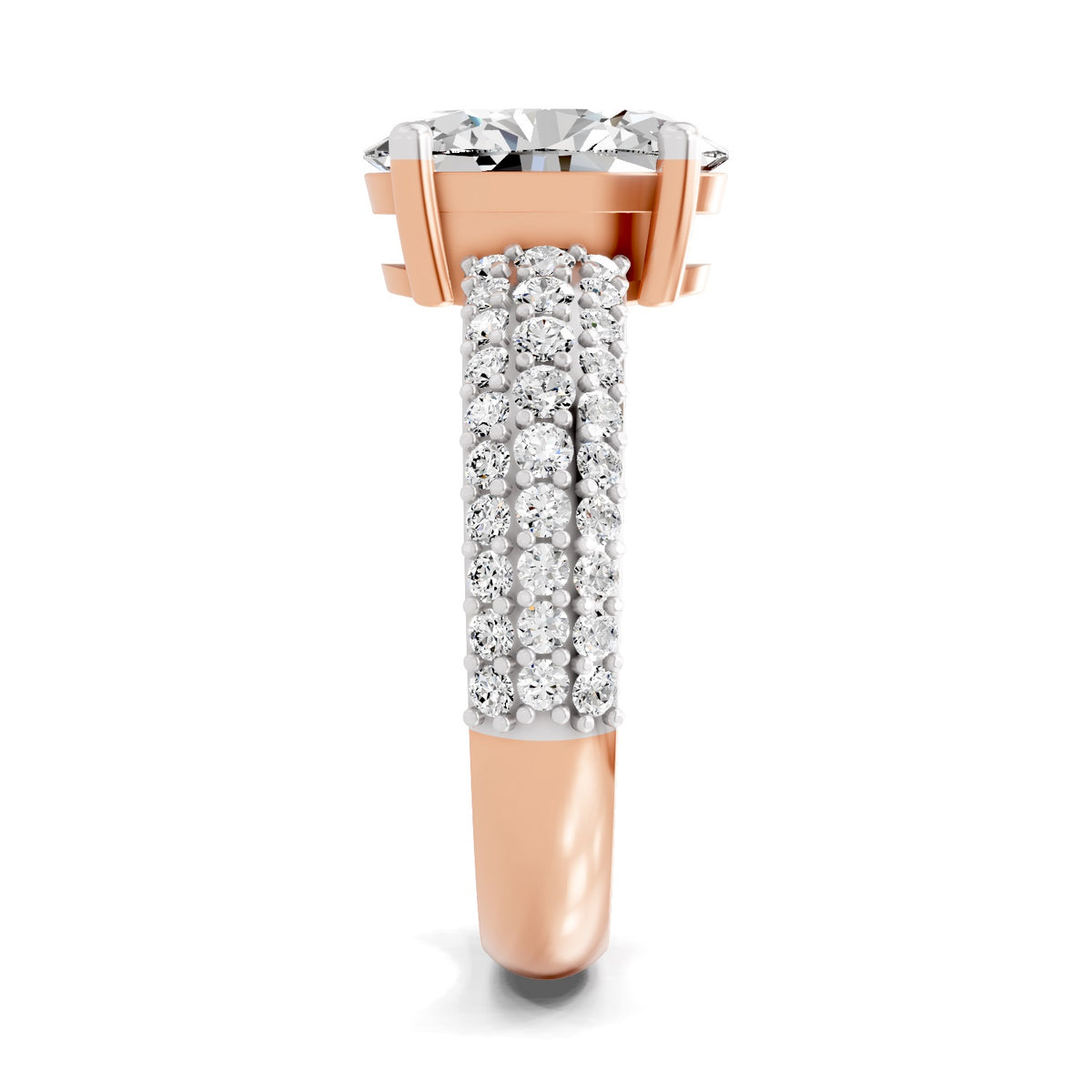 Side view of a rose gold oval-cut 2.00 ct diamond engagement ring with a pavé diamond bandb